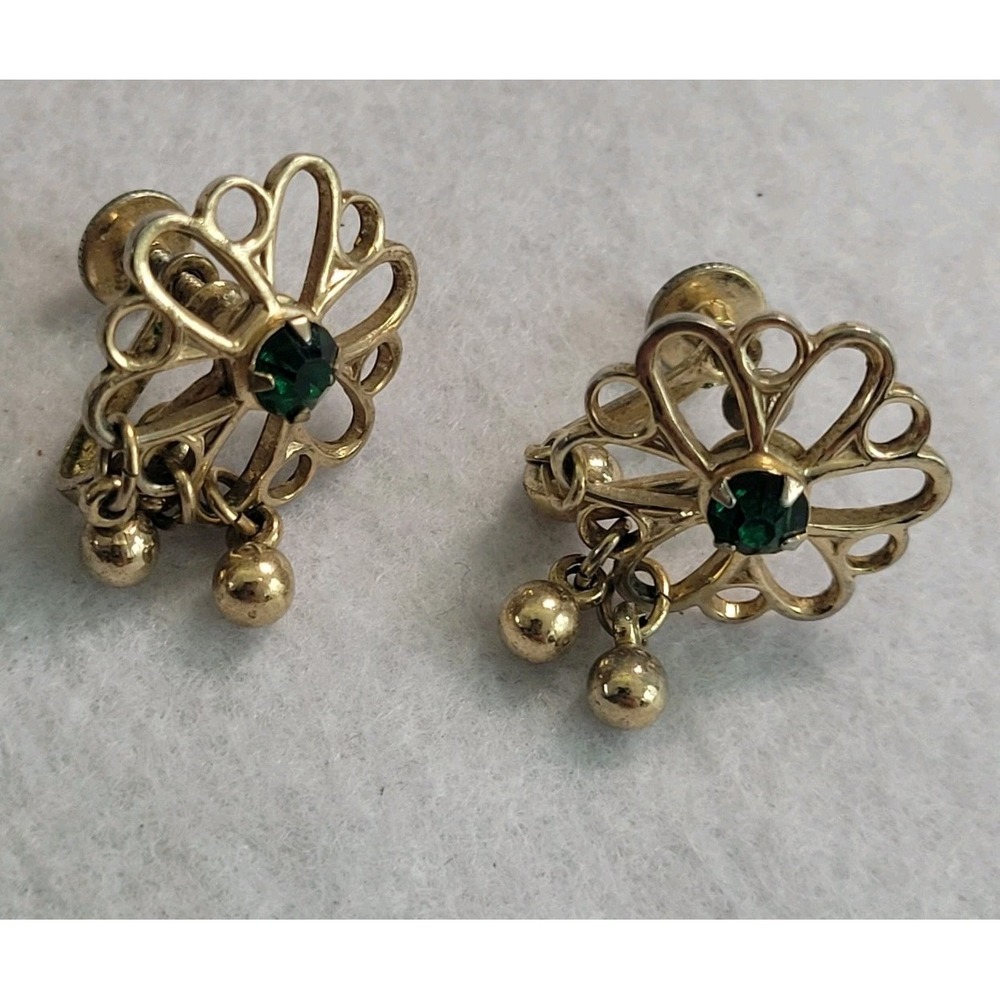 Vintage Gold Tone Filigree Flower Emerald Green Screw Back EarringsAs Is